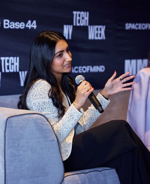 A founder speaking with the mic at NY Tech Week